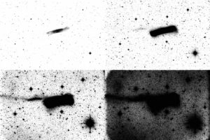 This illustration and the two following it have four panels that progress clockwise in illustrating fainter galaxy features.