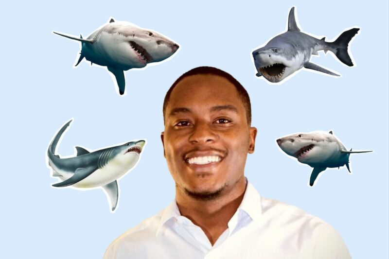 De'Marcus Robinson photo combined with four shark graphics.