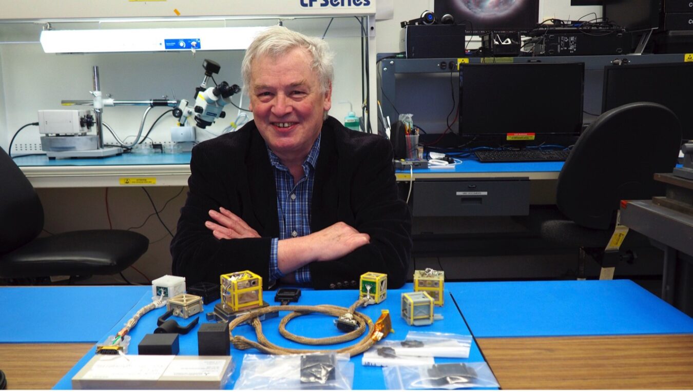 TRACERS MAG PI Dr. Robert Strangeway (UCLA EPSS) with development models of the UCLA fluxgate magnetometer sensor.